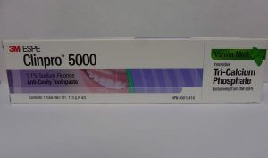 A tube of high-fluoride 3M Clinpro 5000 toothpaste.